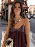 Kukombo Leather Patchwork Halter Top V-Neck Backless Vest Pleated Loose Casual Camisole Beach Bikini Suspender Waistcoat Women's Clothes ootd outfit idea