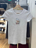 Kukombo New Cute Little Deer Flowers Embroidery T-shirt Woman O-Neck Slim Short Sleeve Cotton Tees Tops Spring Casual Sweet Y2K Tshirts
