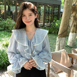 Kukombo Ruffles Blouses Women Lace Slim Bandage Sweet Ladies Temperament Princess Flare Sleeve Fashion Ulzzang Simple All-match Classic outfit inspo