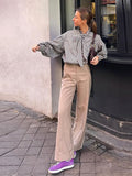 Kukombo Bow Plaid Shirt Bow Tie Bubble Sleeves Loose Breathable Stand Collar Long Shirts Women's Summer Coat Top Commute Casual Blouse ootd outfit idea