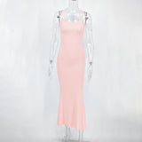 Kukombo Women Summer New 2024 Dresses Sexy Pink Backless Slim Sling Dress Clubwear Elegant Fashion Knitted Maxi Dress O-Neck Sleeveless outfit inspo