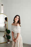 Kukombo Champagn Tulle Evening dresses Off the Shoulder A-line Vestidos De Fiesta Elegant Long Sleeves Ankle-length  فساتين سهرة