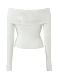 Kukombo Long Sleeve Off-Shoulder Plain Ribbed-Knit Sweater