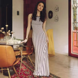 Kukombo Elegant Knitted Contrast Color Long Dress Women's Fashion Striped Patchwork Knitted Dress Slim Fit Sleeveless Long Dress