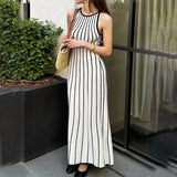 Kukombo Elegant Knitted Contrast Color Long Dress Women's Fashion Striped Patchwork Knitted Dress Slim Fit Sleeveless Long Dress
