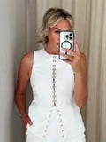 Kukombo Single Breasted Metal Button Waistcoat Trouser Suits High Neck Suit Fabric Sleeveless Vest Top With Slight Flared Hem Pant Set ootd outfit idea