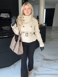 Kukombo Belts Double Breasted Jacket Women Casual Loose Stand Collar Long Sleeve Coat 2025 Spring Office Street All-match Lady Outwear ootd