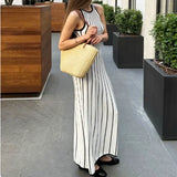 Kukombo Elegant Knitted Contrast Color Long Dress Women's Fashion Striped Patchwork Knitted Dress Slim Fit Sleeveless Long Dress