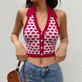 Kukombo Y2k Heart Halter Vest Teengirl Button Front Sleeveless Collared Crop Top Women's Tanks and Cami Summer Vacation Outfit Spring Style 2025