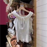 Kukombo Slash Neck Lace-up Chic Women T-shirts For Women 2025 Sweet Sexy Slim Knitted Summer Tshirt Y2K Street Tight Short Sleeve Tees