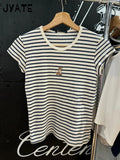 Kukombo Sweet Pink Striped Short Sleeve Tees Women New Casual Slim O-neck Tshirts Tops Female Cute Preppy Style Streetwear T-shirts Y2K
