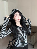 Kukombo Outfit Y2K Hoodie Vintage Pullovers Sexy Harajuku Tops Stripe Long Sleeves Casual Slim Tee shirts Hot Girl Sweatshirt Aesthetic Hooded