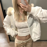 Kukombo Outfit Zip Up Hoodie Winter Women Clothes Casual Rhinestone White Coat Punk  Hoodies Femme Aesthetic Vintage Jackets Gothic Y2k Tops