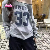 Kukombo Vintage New Letter Flag Embroidery Sweatshirt Women Autumn Slash Neck Long Sleeve Cotton Hoodie Fashion American Streetwear Top