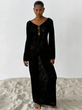 Kukombo White Knitted Backless Long Dress Women's Summer V-Neck Party Dress Elegant See-through Hollow Slim Holiday Long Dress