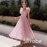 Kukombo Customized Fashion Jersey Pleat Flower A-line Square Neck Midi Dresses Bespoke Occasion Dresses Classic Exquisite Modern Style P (PRE-ORDER)