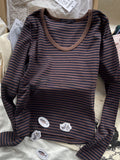 Kukombo Women's Brown Striped Cotton T-Shirt V Neck Slim Long Sleeve Tee Tops Female Streetwear Vintage Y2K Spring Autumn Woman Tshirt