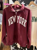 Kukombo 2025 Casual Women Letter Print Zipper-up Sweatshirts Autumn Vintage Half High Collar Cotton Hoodies Y2k Streetwear Pullover Tops