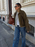 Kukombo Green Suede Jacket Coat Suede Texture Lapel Vintage Cargo Top Pilot Jackets Loose Casual Street Trendy Outwear Baseball Uniform ootd outfit idea