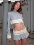Kukombo Absobe Crop Hoodies Mini Pleated Skirt Set Women's Contrast Patchwork Long Sleeve Slim Zipper Cardigan Hooded Jacket Skirt Suit ootd