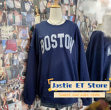 Kukombo BOSTON Letter Patch Embroidery Winter Sweatshirt Round Neck Retro Y2K Autumn Pullovers Top Harajuku Streetwear Navy Blue Hoodie