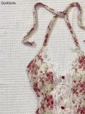 Kukombo 2025 Summer Woman Floral Halter Lace Blouse 2025 Vintage Sexy Slim Fit Fairy Korean Fashion Female Tops Outfits Elegant Style 2025 spring outfits