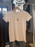 Kukombo Sweet ink Striped Little Bear Embroidery T-shirt Women Spring New O-Neck Short Sleeve Cotton Slim Tshirts Tops Casual Cute Tees