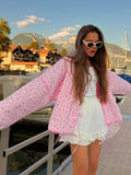 Kukombo Y-neck Lace-up Cotton Coat Pink Floral Padded Jacket Loose Sweet Casual Japanese Cardigan Cotton-padded Coats Lady Warm Overcoat ootd outfit idea
