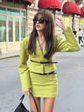 Kukombo Green V-Neck Shirt Short Skirt Set With Belt French Casual Slim Fit Long Sleeved Blouse Coat Half Skirts Women Dress Autumn New ootd outfit idea