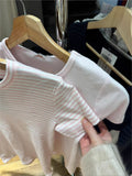 Kukombo Sweet Pink Striped Short Sleeve Tees Women New Casual Slim O-neck Tshirts Tops Female Cute Preppy Style Streetwear T-shirts Y2K