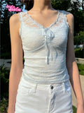 Kukombo Light Blue Lace Hollow Out Female Tank Transparent Sexy Mesh Summer Vest 2025 Solid Perpetive Y2K Tight Sleeveless Tops Women