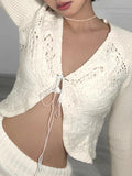 Kukombo Butterfly Pointelle Lacing Trumpet Sleeve V Neck Cardigan