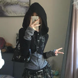 Kukombo Outfit Aesthetic Hoodies Gothic Top Women Clothing Zip Up Rhinestone Slim Oversized Hooded Punk Sexy Korea Sweatshirt Kawaii Girl Coat