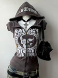 Kukombo valentine's day aesthetic Women's Zip-up Hoodie Retro Hip hop Graffiti Print Hooded 2000s Clothes Sweatshirts Aesthetic Y2k Goth Streetwear Female Grunge