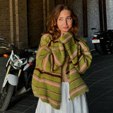 Kukombo Green Stripe Knitted Cardigan Street Trend Contrasting Color Sweater Coat Jacket Retro Women's Loose Wool Knitwear Top Autumn ootd outfit idea