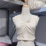 Kukombo Casual Women Ruffles V Neck Tank Tops 2025 Summer Cute Sleeveless Soft Cotton Slim Crop Top Female Vintage Sweet Bow Tops Chic