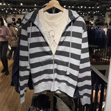 Kukombo Vintage Stripe Pockets Hoodies Women Autumn New Warm Drawstring Long Sleeve Cardigan Top Casual Streetwear Y2K Sweatshirt Female
