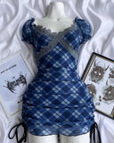 Kukombo Blue splicing color lace neckline small bubble sleeve on both sides of the bow tie tie decoration sexy hip skirt slim Y2K Punk ootd