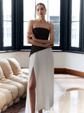 Kukombo Solid Pleated Strapless Split Dress