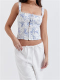 Kukombo - 2024 Square Neck Fairy Sleeveless Strap Front Buttons Up Camis Summer Mini Vest Streetwear  Crop Tops
