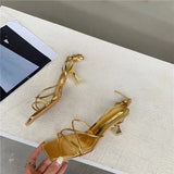 Kukombo Fashion Gold Silver Sandals Thin Low Heel Lace Up Rome Summer Gladiator Women Casual Narrow Band Shoes
