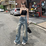 2024 new retro blue high waist loose wide leg drape mopping all-match straight jeans