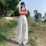 Kukombo Original new retro floral loose wide-leg pants high waist slim all-match mopping small fresh jeans