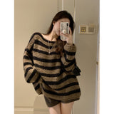 fall outfits 2024 2024 Loose Lazy Retro Thick Loose Striped Sweater Women's Spring and Autumn off-the-Neck Thick Sweater Top