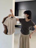 Kukombo Comic Figure Pleated Solid Color Round Neck T-shirt Women's Summer All-match Slim Korean Short Top Summer 1090