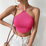 Kukombo 2024 new European and American sexy hot girl women's clothing temperament short backless halter neck lace-up knitted vest top for women