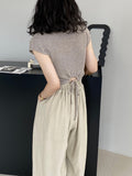 Kukombo drawstring waist knit sweater design half high collar slim fit thin shoulder sleeve bottoming shirt summer 8879