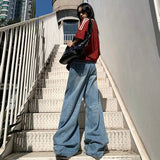 Kukombo 2024 spring new American retro high waist loose wide leg drape straight pants jeans women