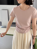 Kukombo Comic Figure Pleated Solid Color Round Neck T-shirt Women's Summer All-match Slim Korean Short Top Summer 1090