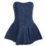 birthday outfit 2024 Summer Tube Top Elastic Waist A- line Dress Split Sexy Lotus Leaf Hem Sheath Denim Skirt